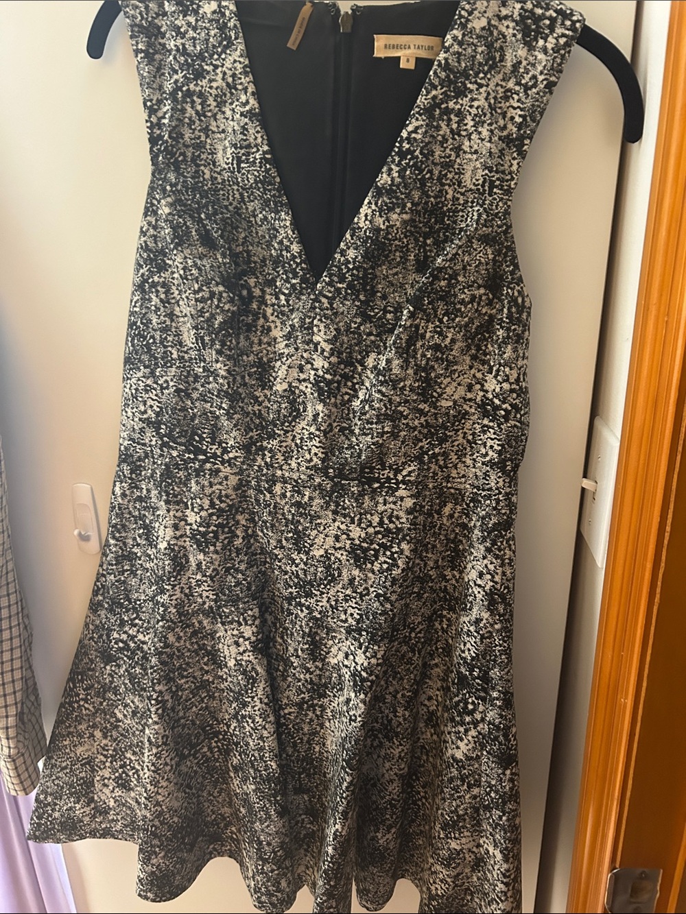 Rebecca Taylor Black and White Textured V-Neck Fit-and-Flare Dress